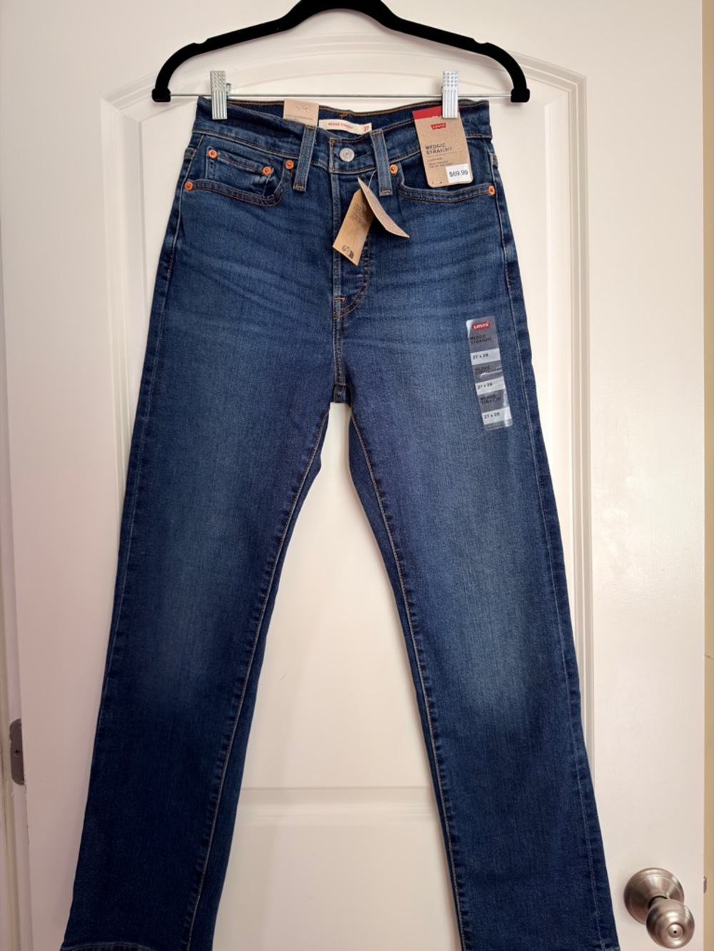 New With Tags Levi's Wedgie Straight Jeans - Dark Blue Denim with Tan Stitching
